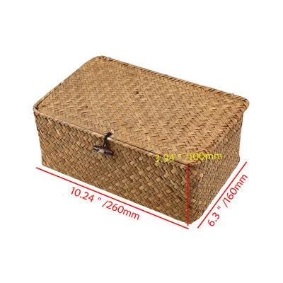 Rectangular hand-woven wicker desktop storage basket with lid.