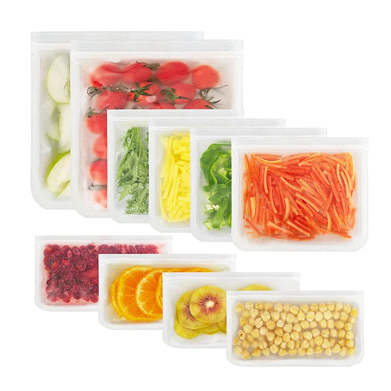 Set of reusable silicone food storage bags with zip closure, leakproof and freezer safe for fresh fruits, vegetables, and snacks