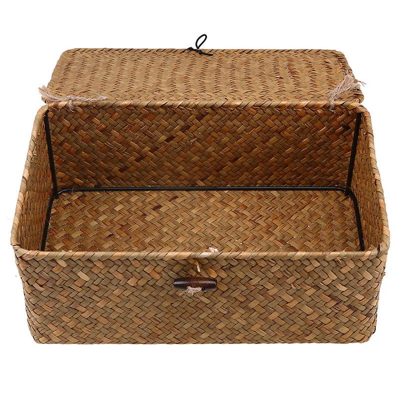 Rectangular hand-woven wicker storage box with lid, eco-friendly desktop organizer.