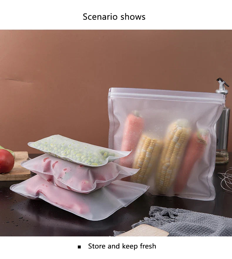 Reusable silicone food storage bags with zip seal holding vegetables and fruits for freshness preservation
