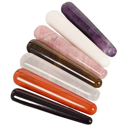 Crystal face massager sticks in various colors, made from natural stone, for massage and relaxation.