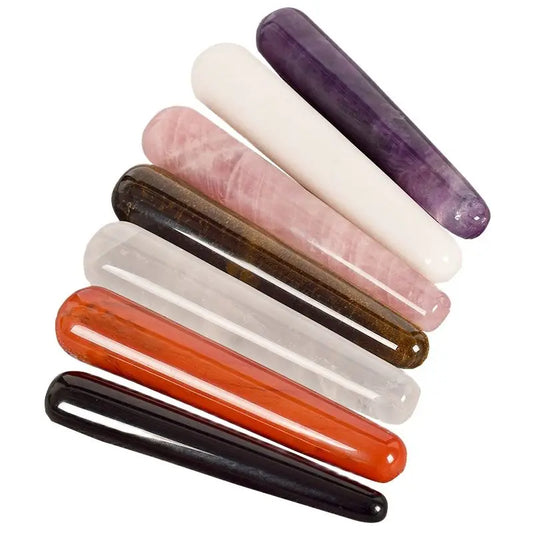 Crystal face massager sticks in various colors, made from natural stone, for massage and relaxation.