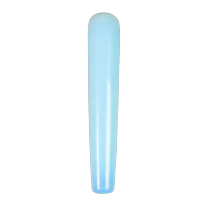 Natural rose quartz crystal face massager wand for skin care and relaxation.