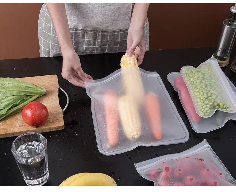 Reusable silicone food storage bags with zip seal for fresh and leakproof food preservation