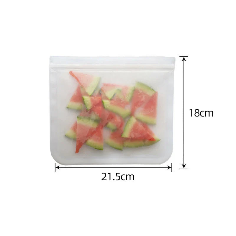 Reusable silicone food storage bag with zip seal for fresh food, 21.5cm x 18cm size, leakproof and freezer safe.