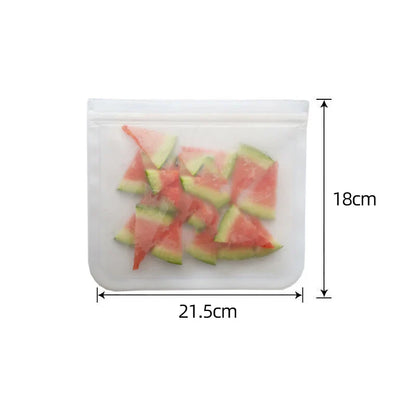 Reusable silicone food storage bag with zip seal for fresh food, 21.5cm x 18cm size, leakproof and freezer safe.