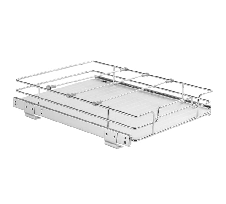 Modern pull-out cabinet organizer with smooth sliding design and heavy-duty construction for kitchen or bathroom storage.