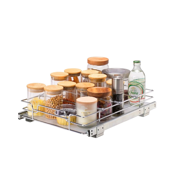 Modern pull-out cabinet organizer with smooth sliding design and heavy-duty construction for space-saving storage