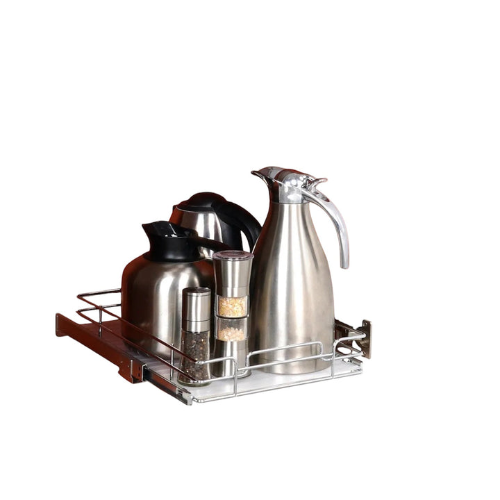 Modern pull-out cabinet organizer installed in kitchen cabinet for easy access and space-saving storage