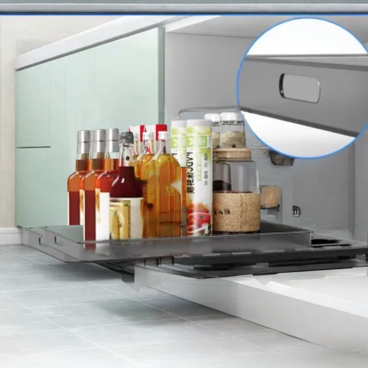 Premium 2-tier under sink organizer with L-shaped design, smooth pull-out drawer, rustproof materials, and tool-free installation