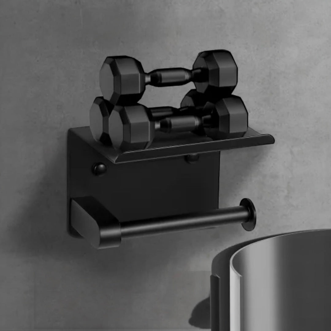 Matte black stainless steel toilet paper holder with shelf for modern bathroom organization