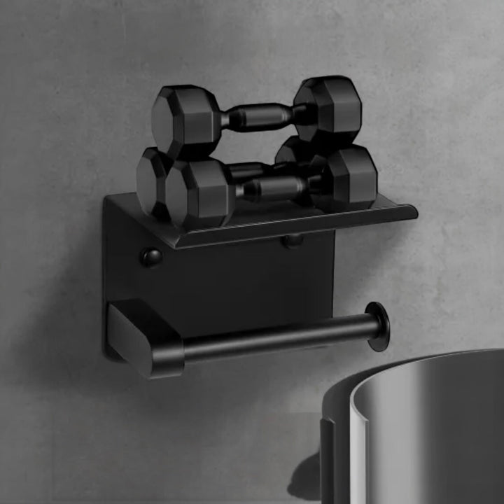 Matte black stainless steel toilet paper holder with shelf for modern bathroom organization