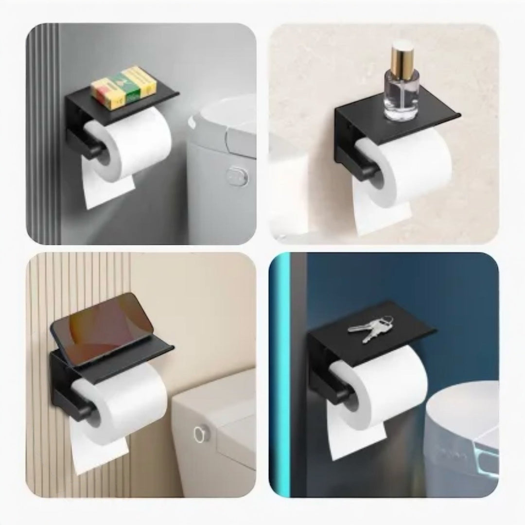 Matte black stainless steel toilet paper holder with top shelf for modern bathrooms