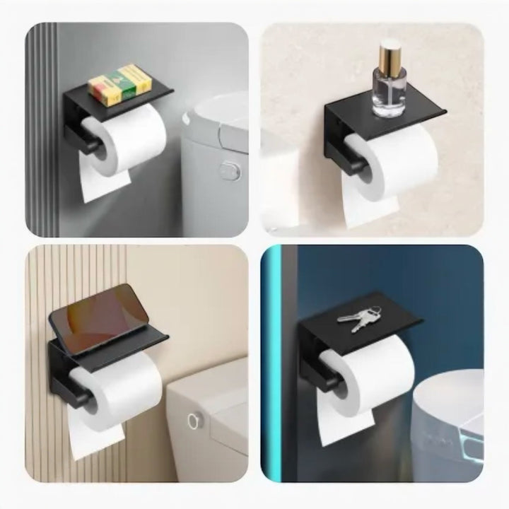 Matte black stainless steel toilet paper holder with top shelf for modern bathrooms