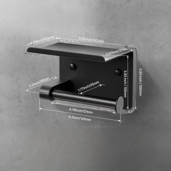 Matte black stainless steel toilet paper holder with shelf for modern bathrooms