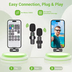 Wireless Stereo Lavalier mini lapel microphone with plug and play connection for smartphones, noise reduction and spray-proof design.
