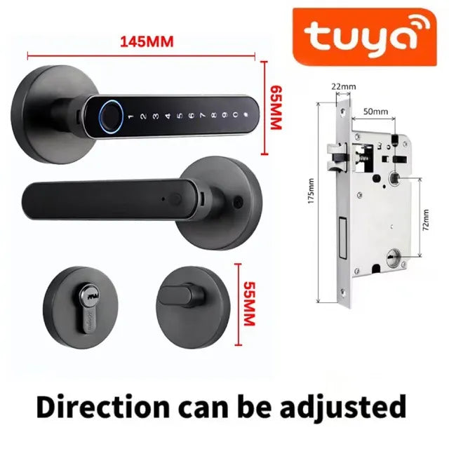 Smart Bluetooth Fingerprint Lock with adjustable direction, fingerprint scanner, Bluetooth control, and secure black handle set with dimensions.
