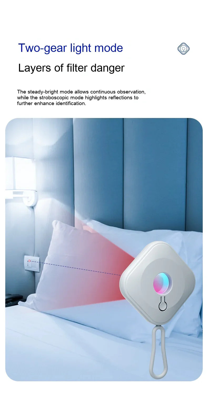 Smart Mini Camera Detector scanning a hotel bed for hidden cameras with two-gear light mode features
