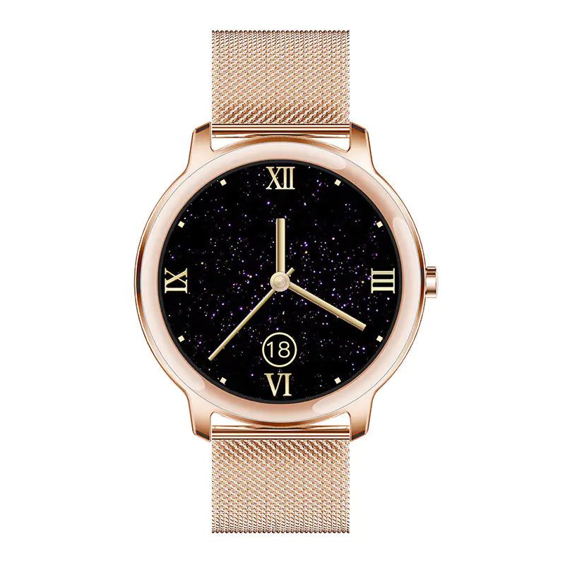 Rose gold smart watch with mesh band and heart rate customization features