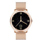 Rose gold smart watch with mesh band and heart rate customization features