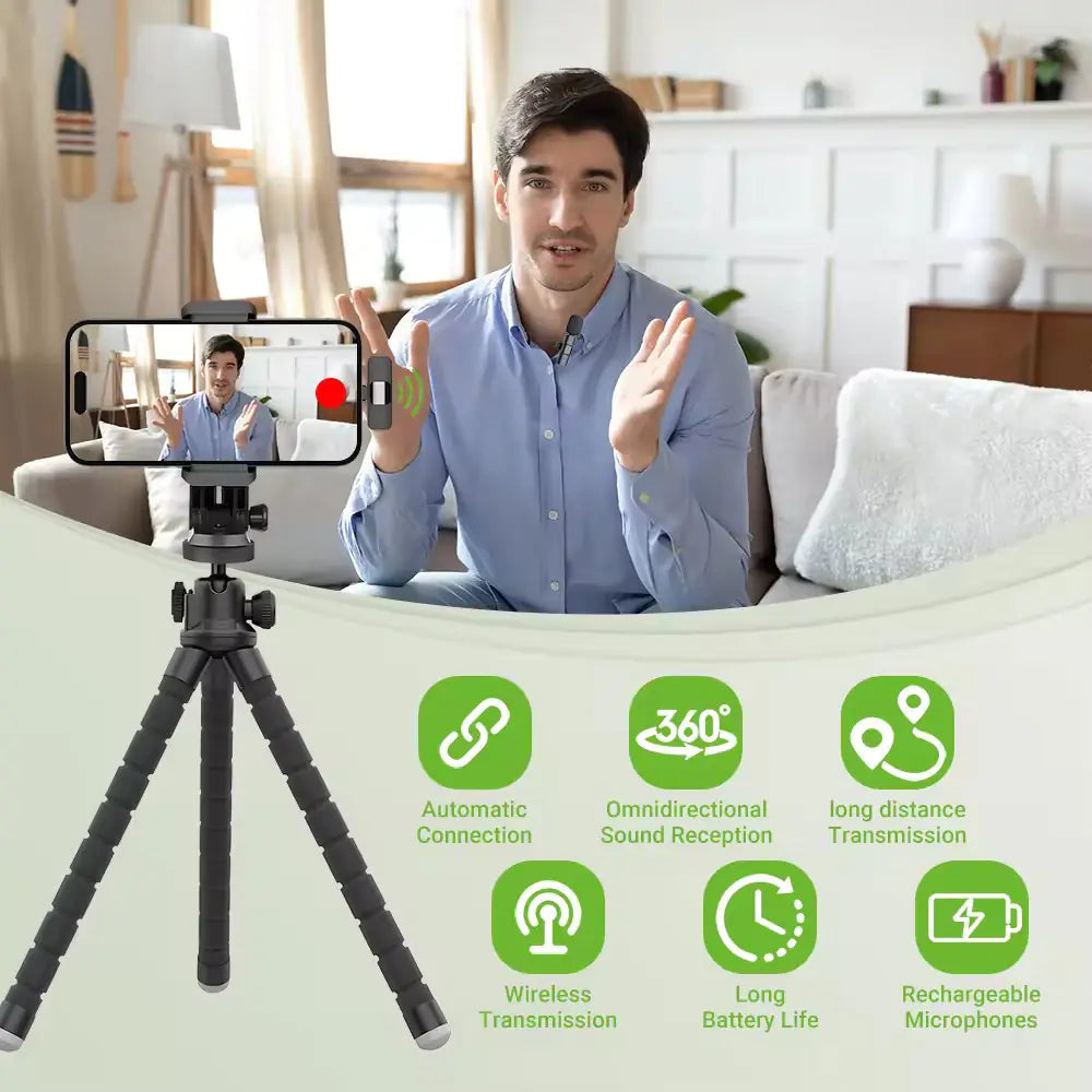 Wireless stereo lavalier microphone recording video with smartphone on tripod, featuring wireless transmission and long battery life.