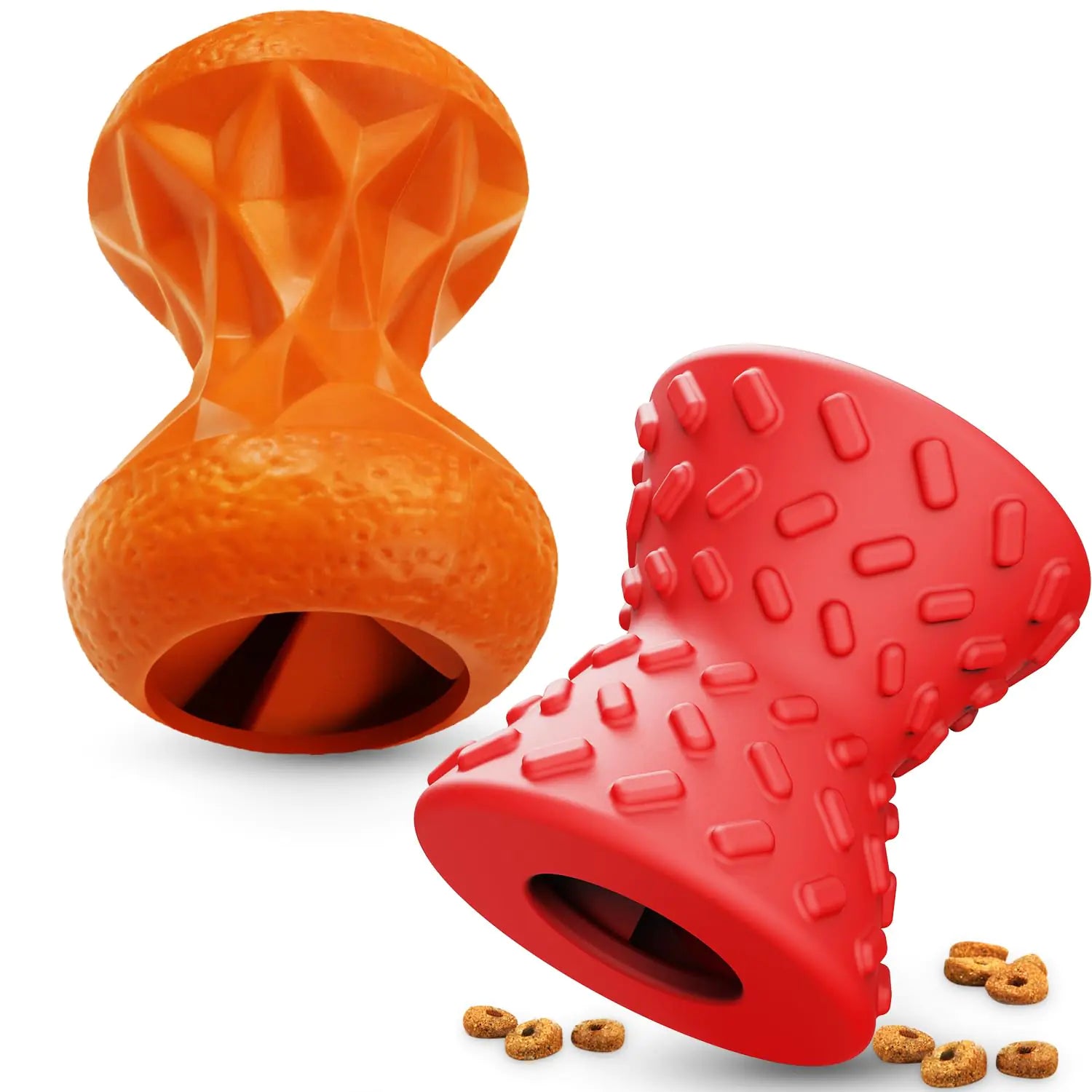 Durable orange and red interactive dog chew toys for aggressive chewers, made of non-toxic rubber, designed for small to medium dogs and puppies.