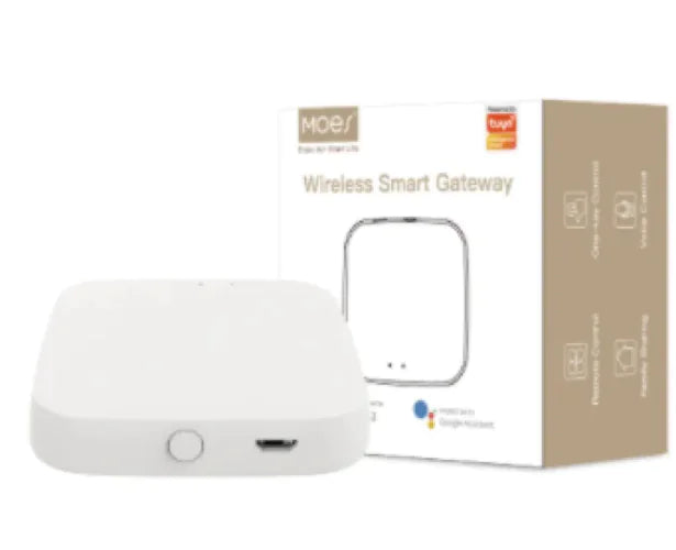 Wireless Smart Gateway device with Moes branding and packaging box