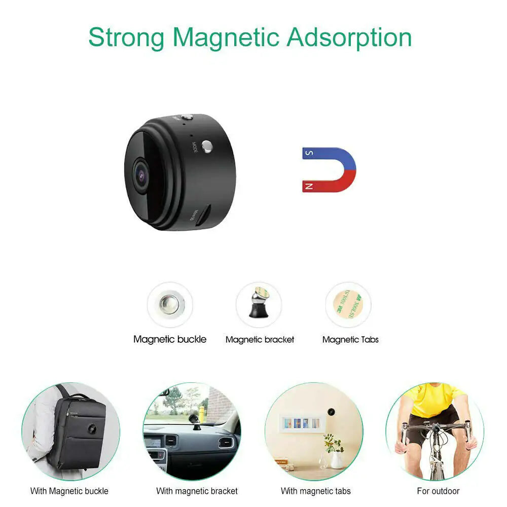 Mini wireless hidden camera with strong magnetic adsorption for versatile mounting, night vision, and 1080P HD home security.