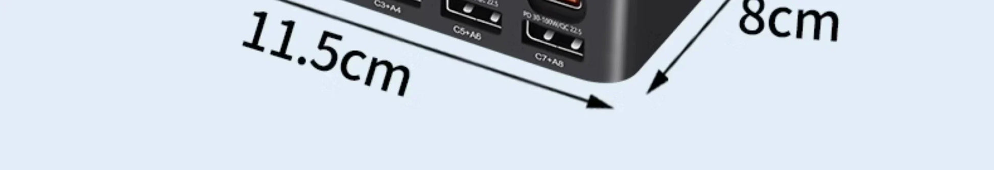 GaN fast charger dimensions 11.5cm by 8cm with multiple USB ports.