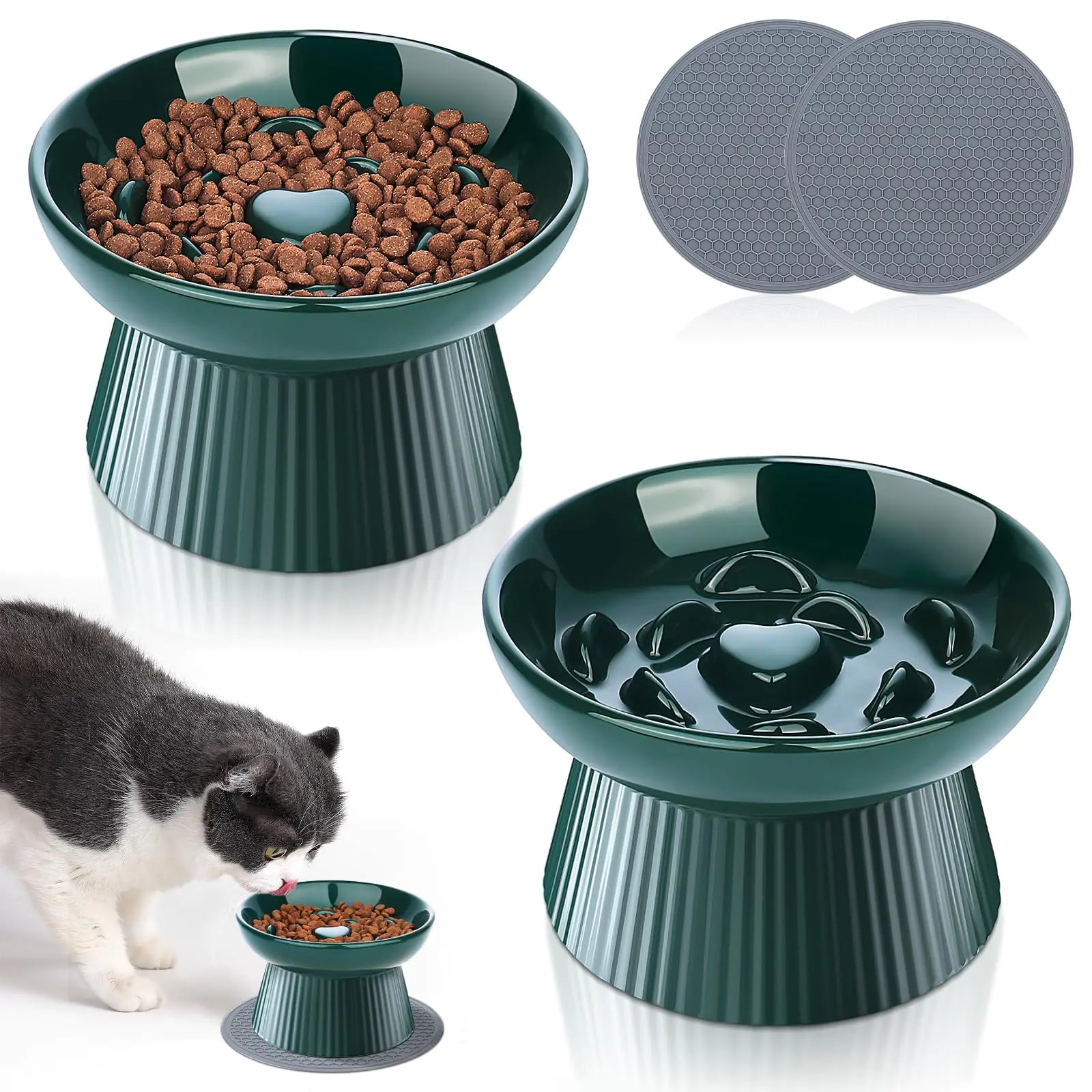 2 pack ceramic raised slow feeder cat bowls with non-slip mats for indoor cats and small dogs, designed to encourage slow eating and improve posture