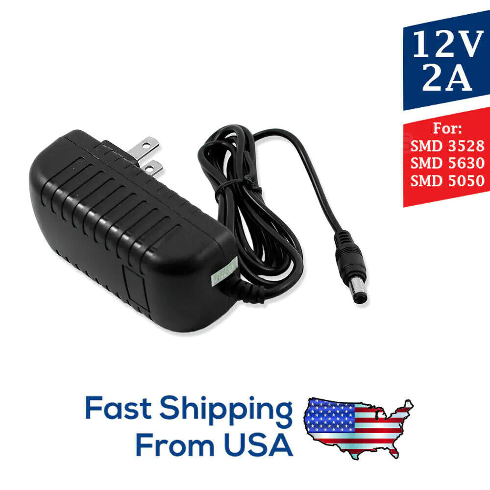 12V 2A power adapter for waterproof flexible LED strip lights compatible with SMD 3528, 5630, 5050 models, with fast shipping from USA
