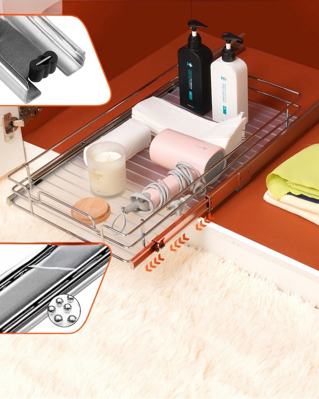 Modern pull-out cabinet organizer with smooth sliding drawers and heavy duty construction for kitchen or bathroom storage.