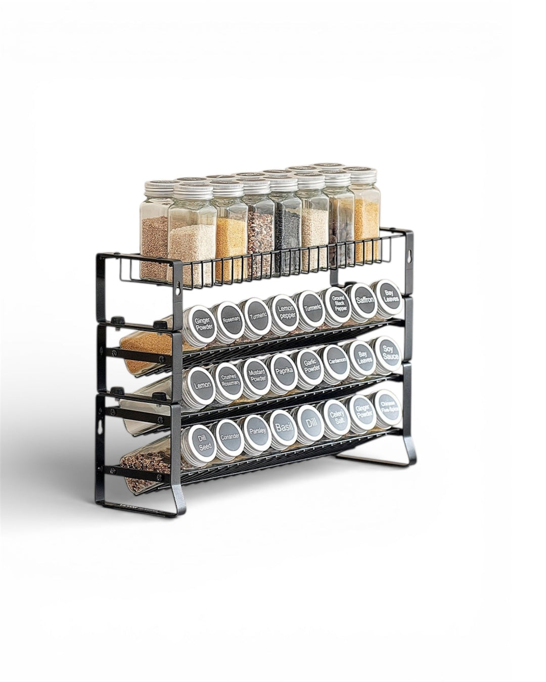 Modern 3-tier black metal spice rack organizer for cabinet and countertop storage
