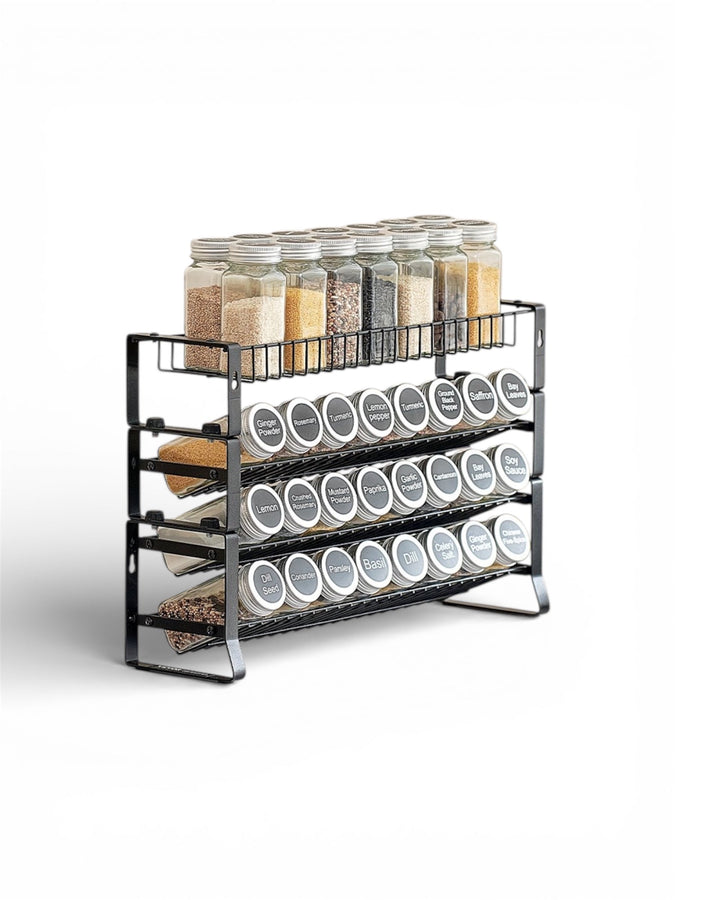 Modern 3-tier black metal spice rack organizer for cabinet and countertop storage