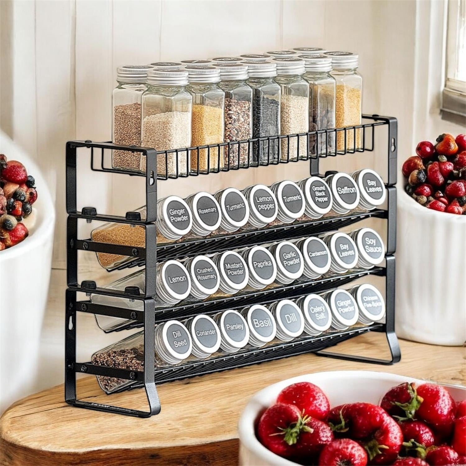 Modern 3-tier black metal spice rack organizer for kitchen cabinets and countertops