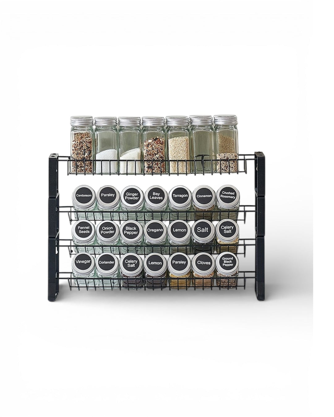 Modern 3-tier black metal spice rack organizer for cabinets and countertops