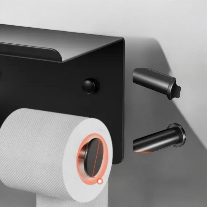 Matte black stainless steel toilet paper holder with shelf for modern bathrooms