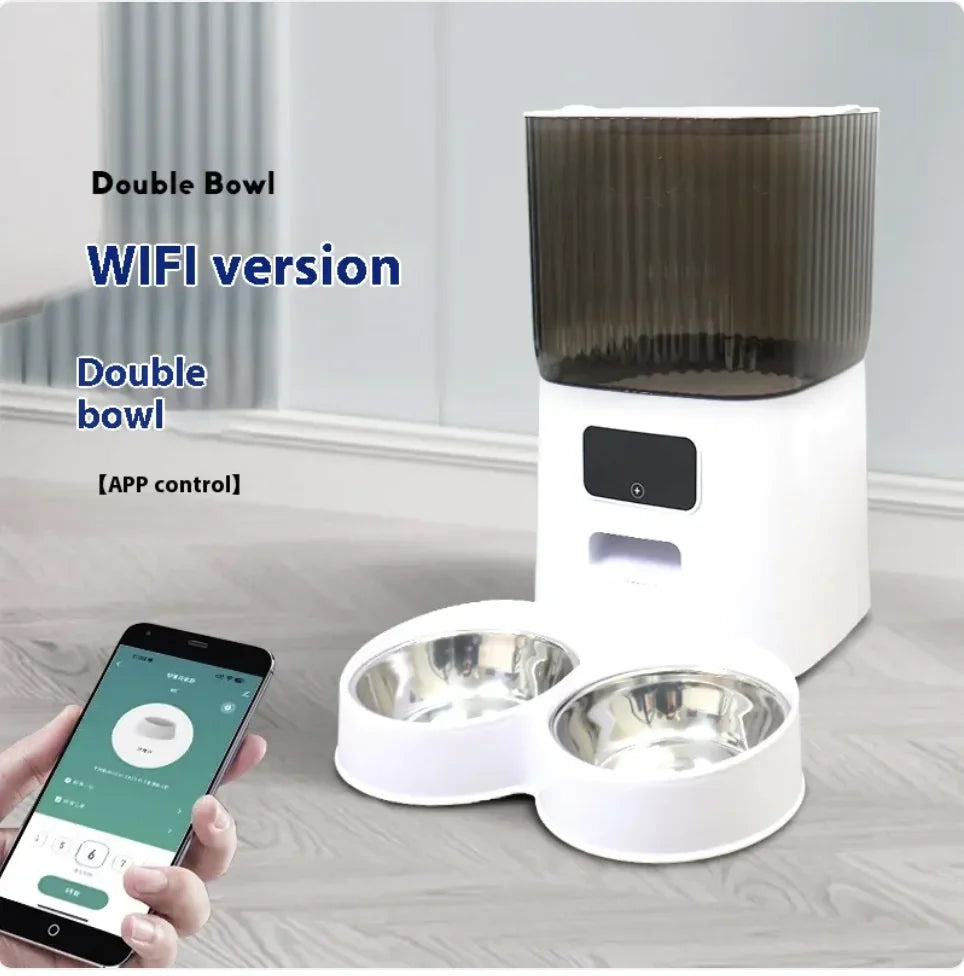 5L Automatic Pet Feeder with double bowls and WiFi-enabled app control for scheduled feeding