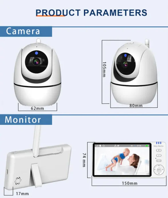 Smart wireless video baby monitor with HD camera, night vision, two-way audio, motion detection, temperature monitoring, and portable design.
