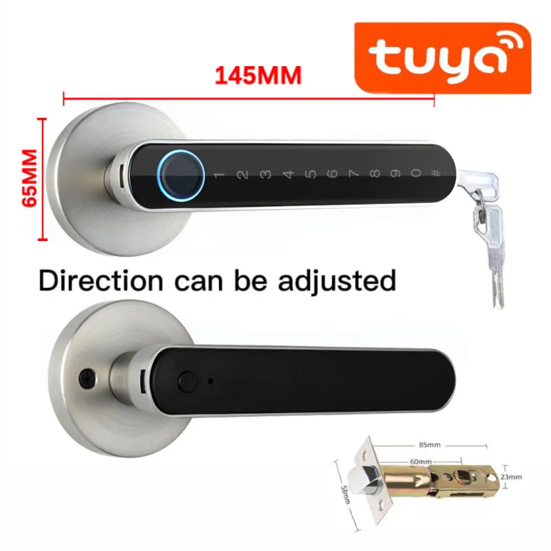 Smart Bluetooth Fingerprint Lock with adjustable direction, fingerprint recognition, Bluetooth connectivity, and key access, measuring 145mm by 65mm