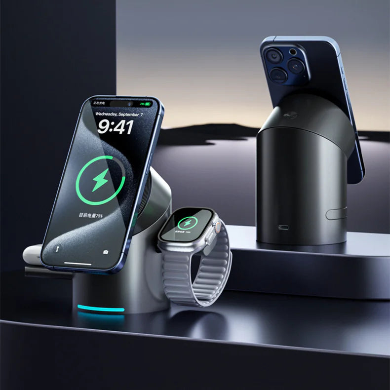 3-in-1 magnetic wireless fast charging stand with smartphone, smartwatch, and earbuds charging simultaneously on a sleek black dock