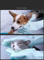 Pet grooming gloves in use on a dog and cat for hair removal and cleaning.