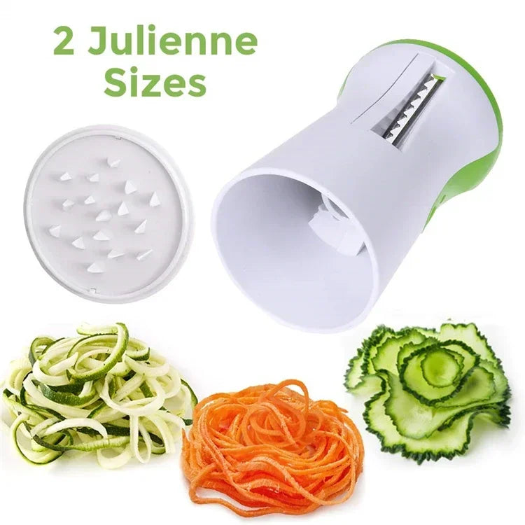 Two julienne-sized vegetable spiralizer with stainless steel blade for slicing zucchini, carrots, and cucumbers.