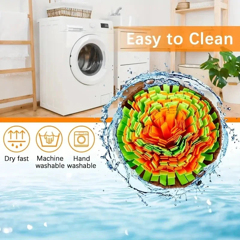 Easy to clean snuffle mat for dogs, made of fleece and felt, displayed with washing icons.