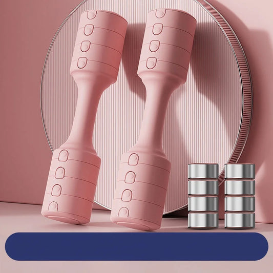 Pink adjustable dumbbells with rubber covering and stackable weights for strength training.