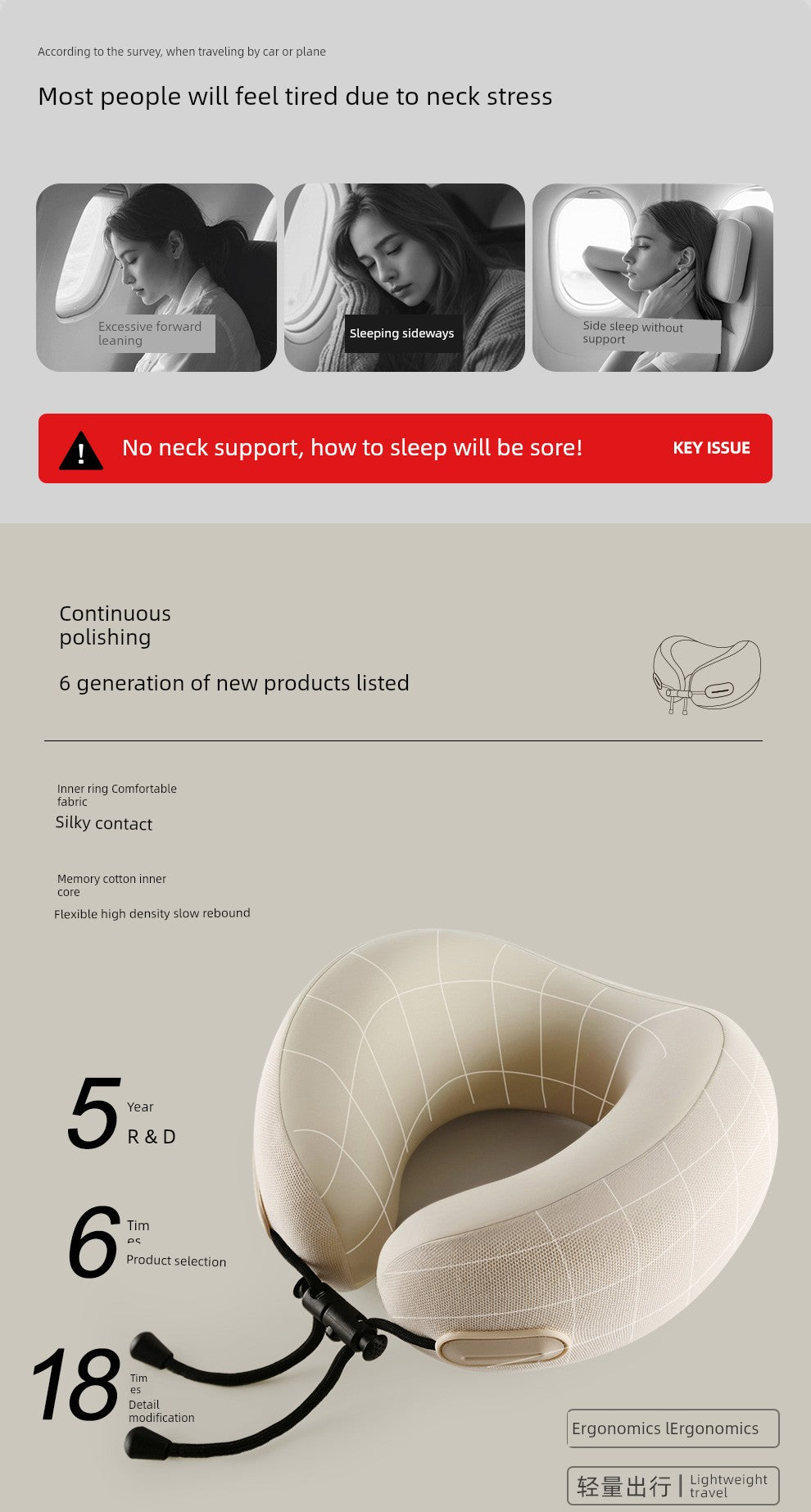 U-shaped travel pillow with neck support and memory cotton for adults, foldable design.