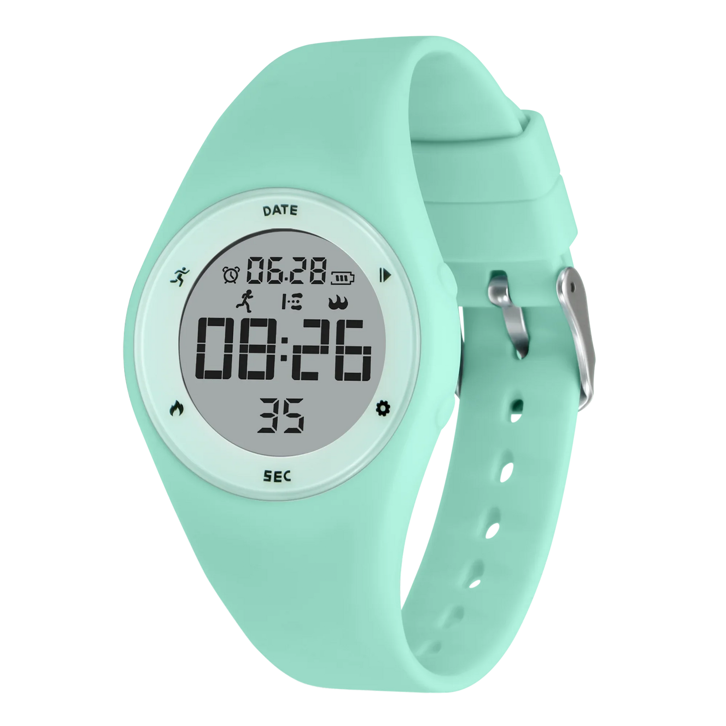 Kids fitness tracker watch with silicone band, LED display, and buckle clasp.