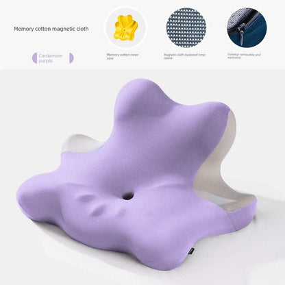 Purple cervical support neck pillow with memory foam core.