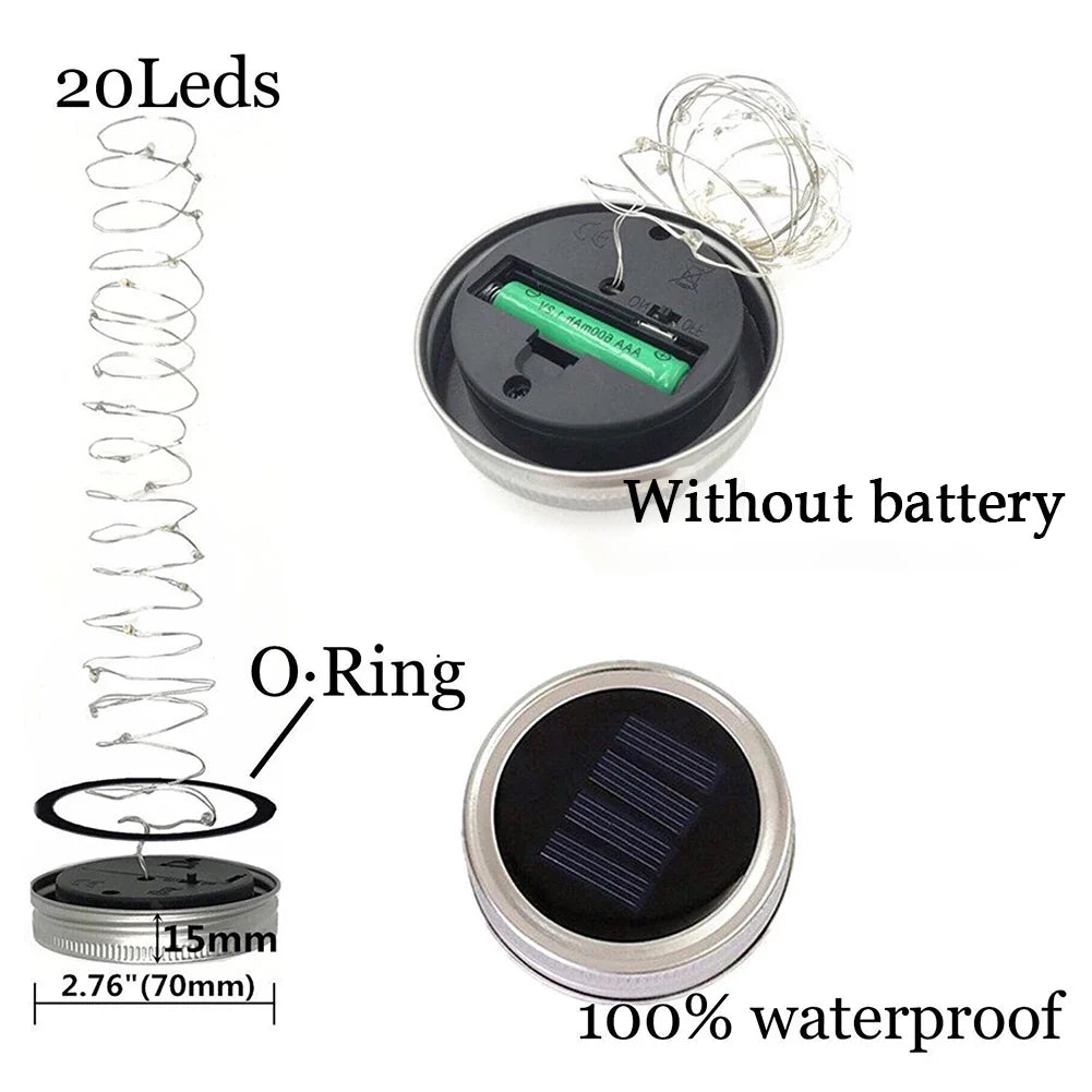 Solar mason jar lights with 20 LEDs, solar panel, waterproof design, and O-ring sealing.