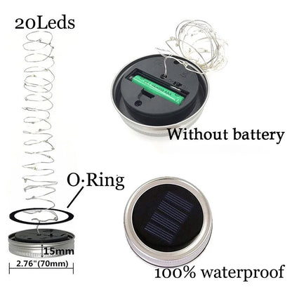 Solar mason jar lights with 20 LEDs, solar panel, waterproof design, and O-ring sealing.